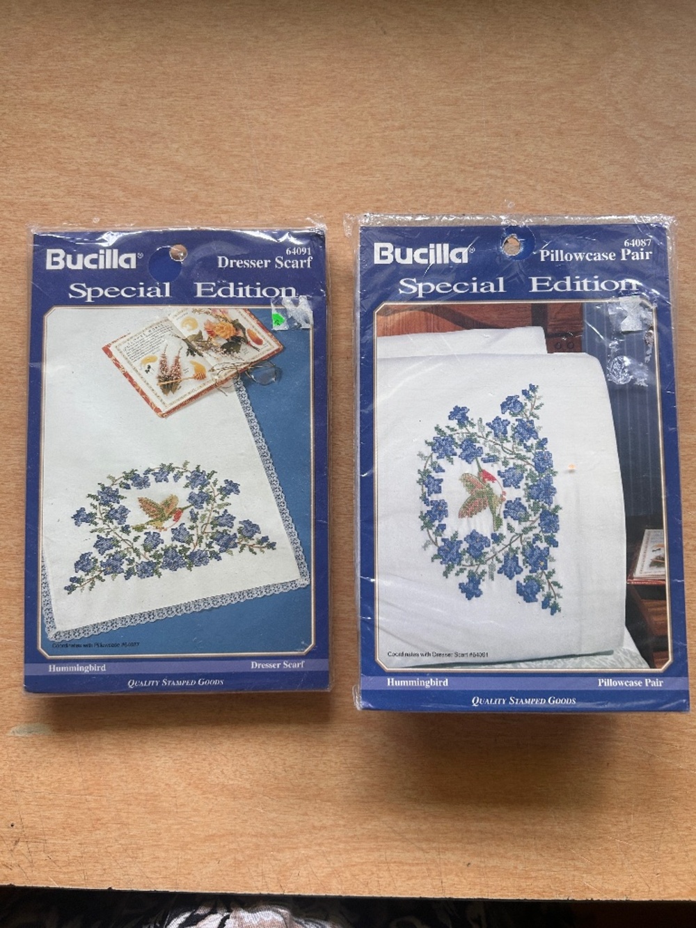 Bucilla Stamped Cross Stitch Pillowcase Pair & Dresser Scarf Kit Hummingbird